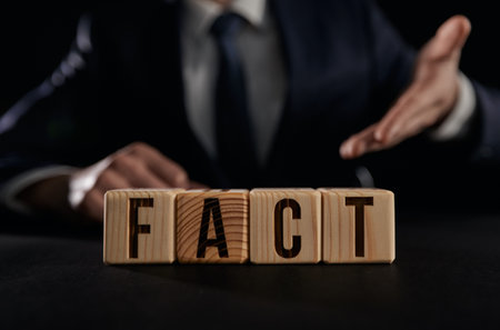 A mans hand shows the word fact on a wooden cube. truth conceptの写真素材
