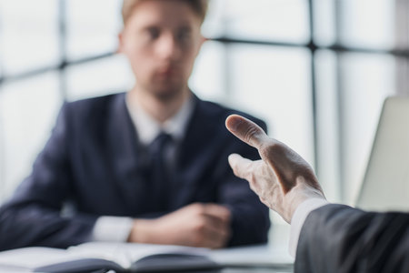 Close up of diverse businesspeople gather at office desk discuss company financial paperwork at meeting togetherの写真素材