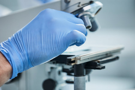 Scientist looks into a microscope near the laboratory, close-up