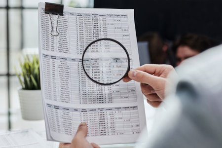 man looking through a magnifying glass to documents notebook.
