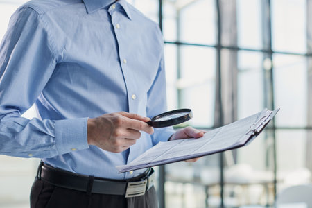 Businessman looking through a magnifying glass to documentsの写真素材