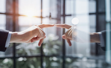 successful businessman touching his finger to the glass Board.の写真素材