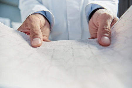 healthcare and medicine concept - close up of male holding clipboard with cardiogramの写真素材