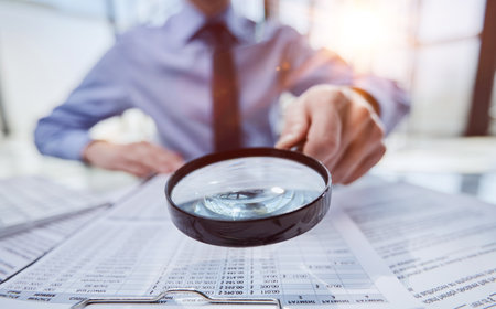 Businessman looking through a magnifying glass to documentsの写真素材