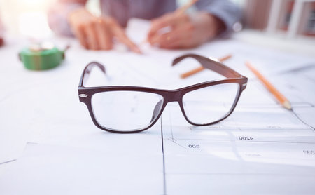 glasses on a construction drawing in the office, close-upの写真素材