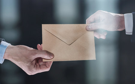 Man giving bribe money, closeup of handsの写真素材