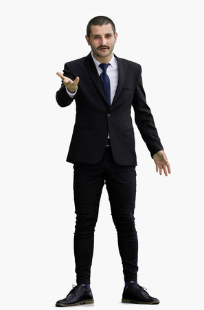 man isolated on a white background shows with his hands a sign of what to expectの写真素材