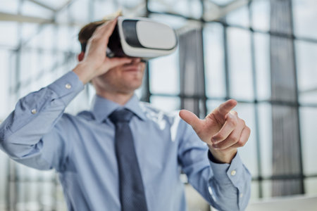businessman in virtual reality headset in the officeの写真素材