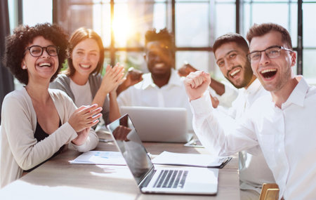 Smiling professional business leaders and employees group team portraitの写真素材