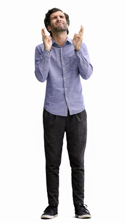 young man in full growth. isolated on a white background cupped hands togetherの写真素材