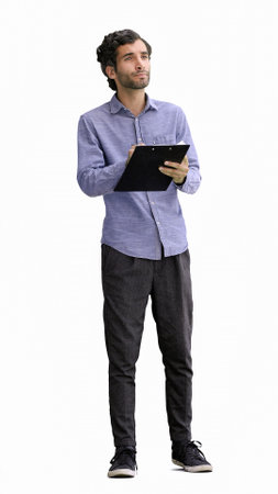 young man in full growth. isolated on white background looking at paper reportの写真素材