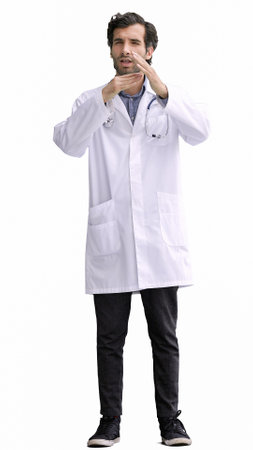 male doctor in a white coat on a white background shows a sign take a breakの写真素材