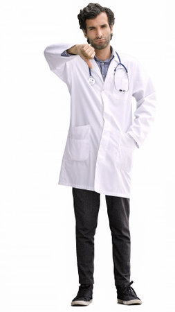 male doctor in a white coat on a white background showing thumbs downの写真素材