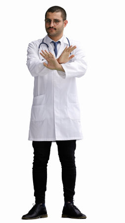 male doctor in a white coat on a white background shows a cancel signの写真素材