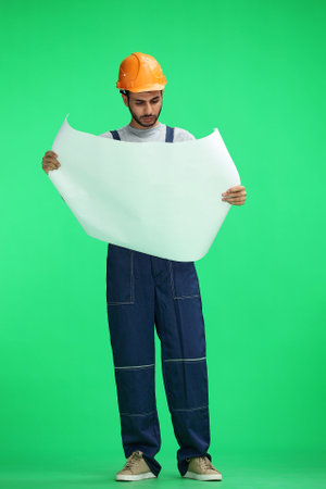 A builder male on a green background look at the blueprint