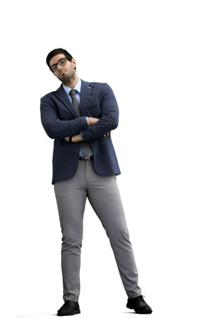 A man in office clothes on a White background with his hands foldedの写真素材