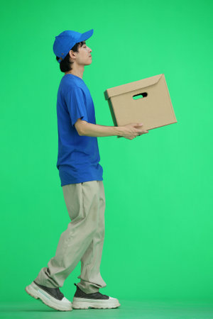 The delivery guy, on a green background, in full height, gives a box
