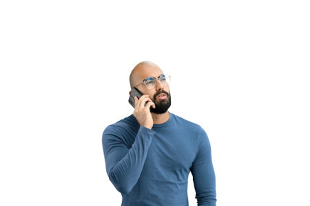 Man, on a white background, close-up, with a phoneの写真素材