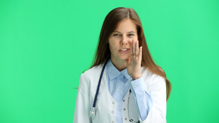 Female doctor, close-up, on a green background, tells a secretの写真素材
