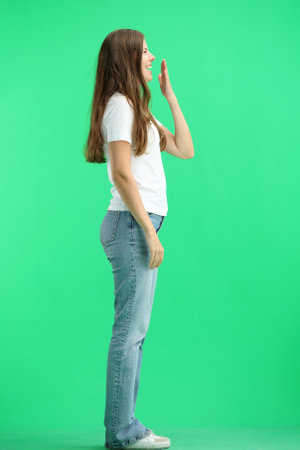 A woman, full-length, on a green backgroundの写真素材