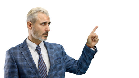 Man, close-up, on a white background, pointing upの写真素材