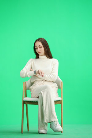 A woman, full-length, on a green background, sitting on a chair