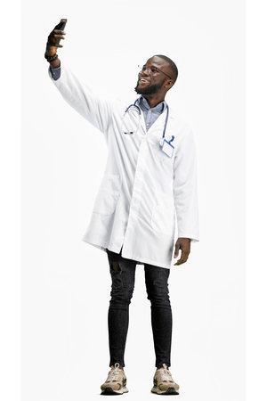 The doctor, in full height, on a white background, talking on the phone