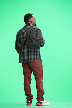 A man, full-length, on a green background, with a backpackの写真素材