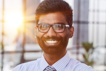 Close-up photo portrait of successful and happy businessman, male investor beard looking at cameraの写真素材