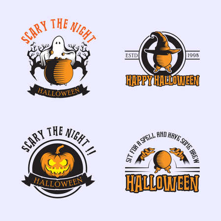 vector collection of halloween stickers. ghost, pumpkin, sphere, hands, cauldron.のイラスト素材