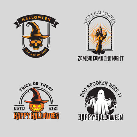 vector collection of halloween stickers. Halloween, pumpkin, ghost, skull, cauldron, zombie hand.のイラスト素材