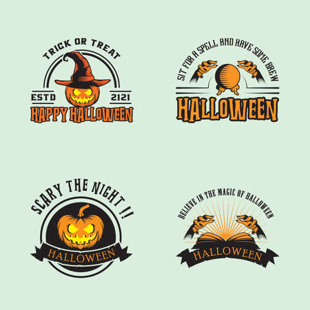 vector collection of halloween stickers. magic hat, pumpkin, hands, magic book, skull, sphere.のイラスト素材