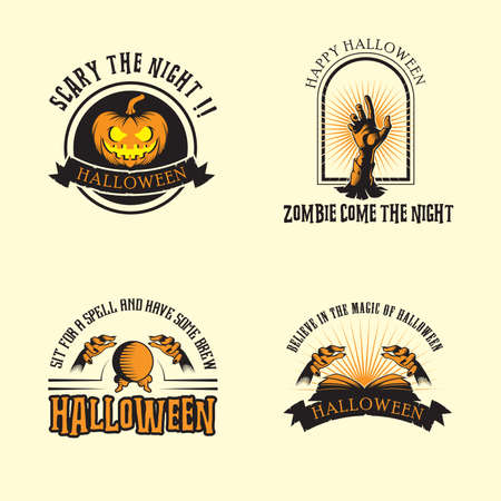 Halloween design inspiration, vector collection of halloween stickers. zombie, pumpkin, sphere, hands, cauldron, magic book.のイラスト素材