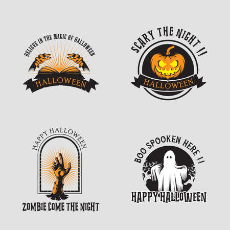 Halloween design inspiration, vector collection of halloween stickers. hands, magic book, pumpkin, zombie, ghost.のイラスト素材