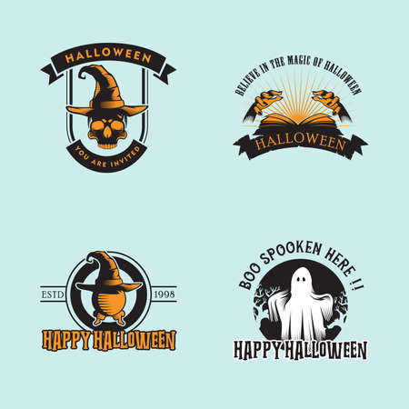 vector collection of halloween stickers. Halloween, pumpkin, ghost, skull, magic book, sphere.のイラスト素材
