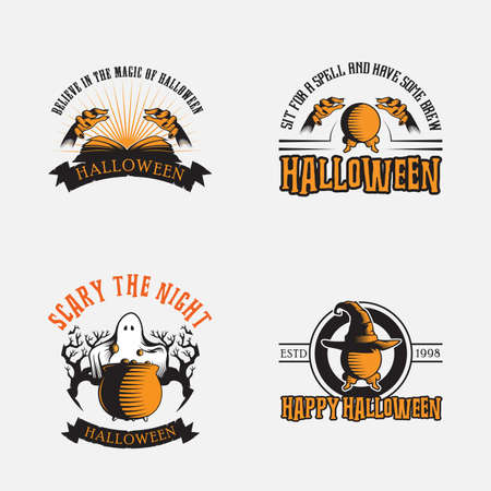 Halloween design inspiration, vector collection of halloween stickers. Halloween, pumpkin, ghost, skull, cauldron, magic book, sphere.のイラスト素材