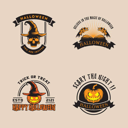 vector collection of halloween stickers. magic hat, pumpkin, hands, magic book, skull.のイラスト素材