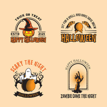 vector collection of halloween stickers. Halloween, pumpkin, ghost, cauldron, zombie hand, sphere.のイラスト素材