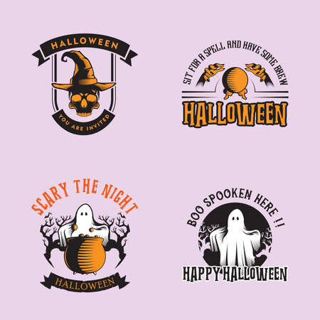 Halloween design inspiration, vector collection of halloween stickers. Halloween, pumpkin, ghost, skull, cauldron, sphere.のイラスト素材
