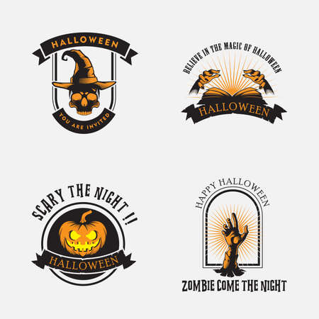 Halloween design inspiration, vector collection of halloween stickers. magic hat, pumpkin, hands, magic book, skull, zombie.のイラスト素材