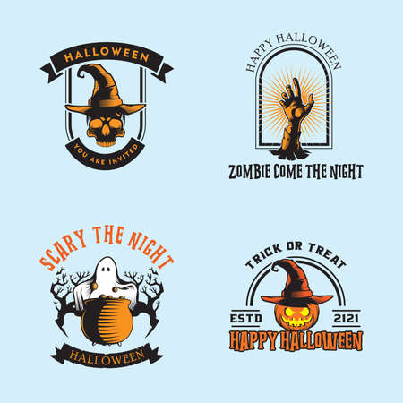 vector collection of halloween stickers. Halloween, pumpkin, ghost, skull, cauldron, zombie hand.のイラスト素材
