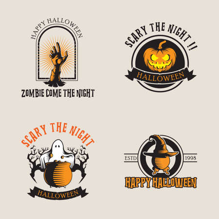 vector collection of halloween stickers. zombie, pumpkin, ghost, sphere, cauldron.のイラスト素材