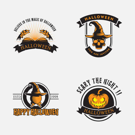 vector collection of halloween stickers. pumpkin, magic hat, sphere, magic book.のイラスト素材