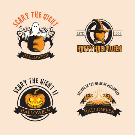 vector collection of halloween stickers. ghost, cauldron, magic book, pumpkin.のイラスト素材
