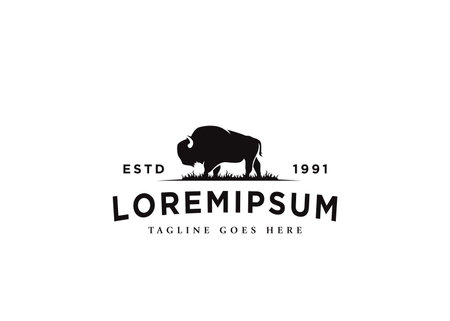 Long-Haired Buffalo Logo Design. Bison Bull Buffalo Angus Silhouette Vintage Retro Logo, Buffalo Breeders Vector Illustration.のイラスト素材