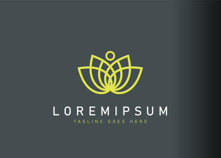 Lotus line logo design. Vector illustration of a lotus along with fit people icon design. Modern logo design with line art style.のイラスト素材