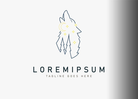 Wolf howl logo design. Vector illustration of abstract wolf howl with pines and sky view. Vintage logo design vector line icon templateのイラスト素材