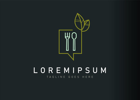 Vegan food logo design. Vector illustration of chat bubble leaf shaped with fork and spoon inside. Vintage logo design vector line icon templateのイラスト素材