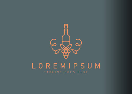 Wine bottle logo design. Icon vector illustration of a bottle of wine and grape. Modern logo design with line art style.のイラスト素材