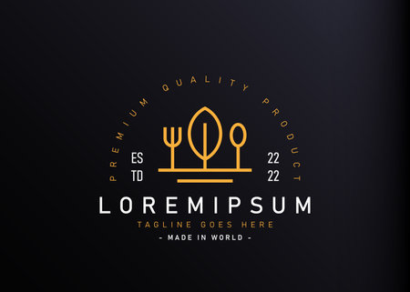 Nature vegan food logo design. Vector illustration of abstract line forming tree, spoon and fork. Vintage logo design vector line icon templateのイラスト素材